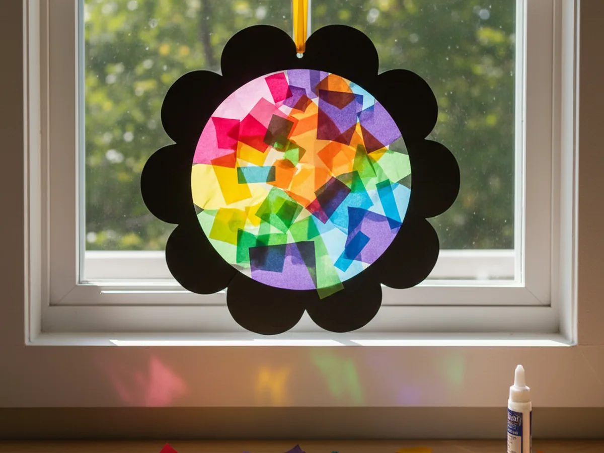 Finished tissue paper suncatcher craft in a circular flower frame hanging in a sunny window with colorful light