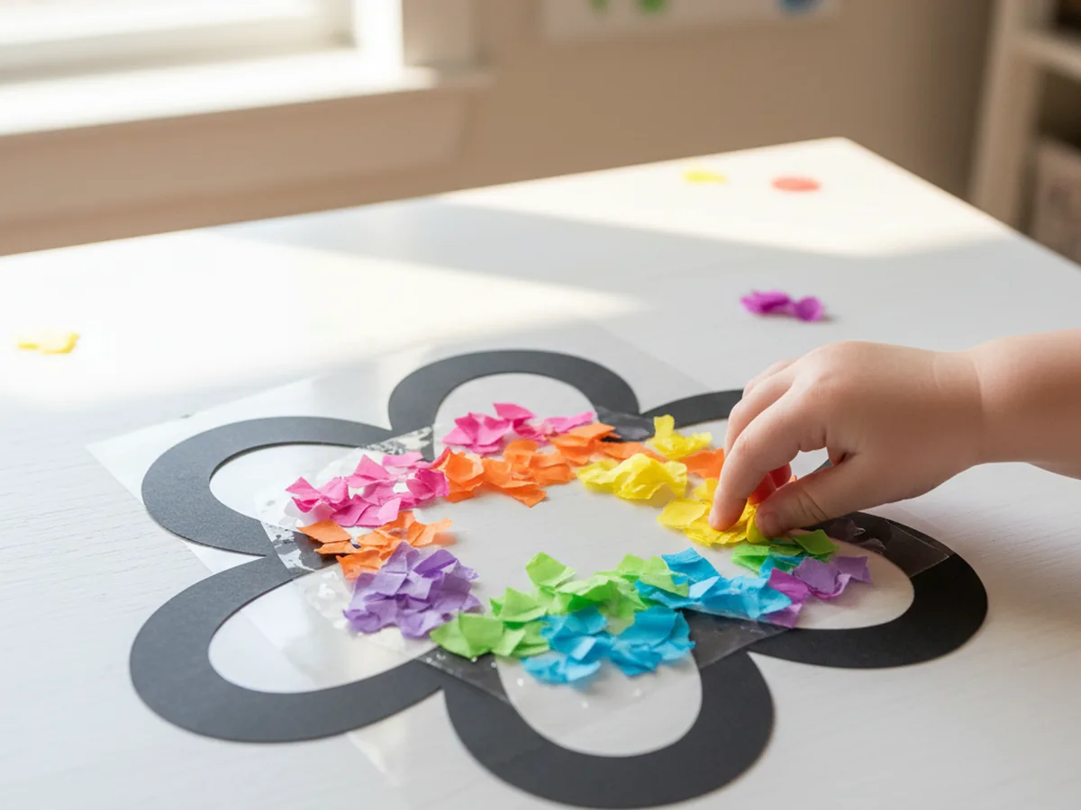 Child pressing overlapping pieces of colorful tissue paper onto the sticky contact paper inside the suncatcher frame