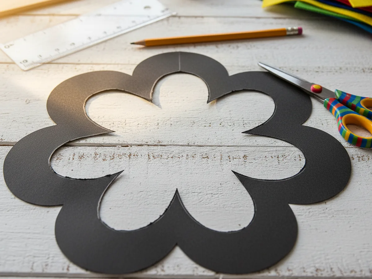 Black construction paper with a flower shape drawn and the center being cut out to make a suncatcher frame