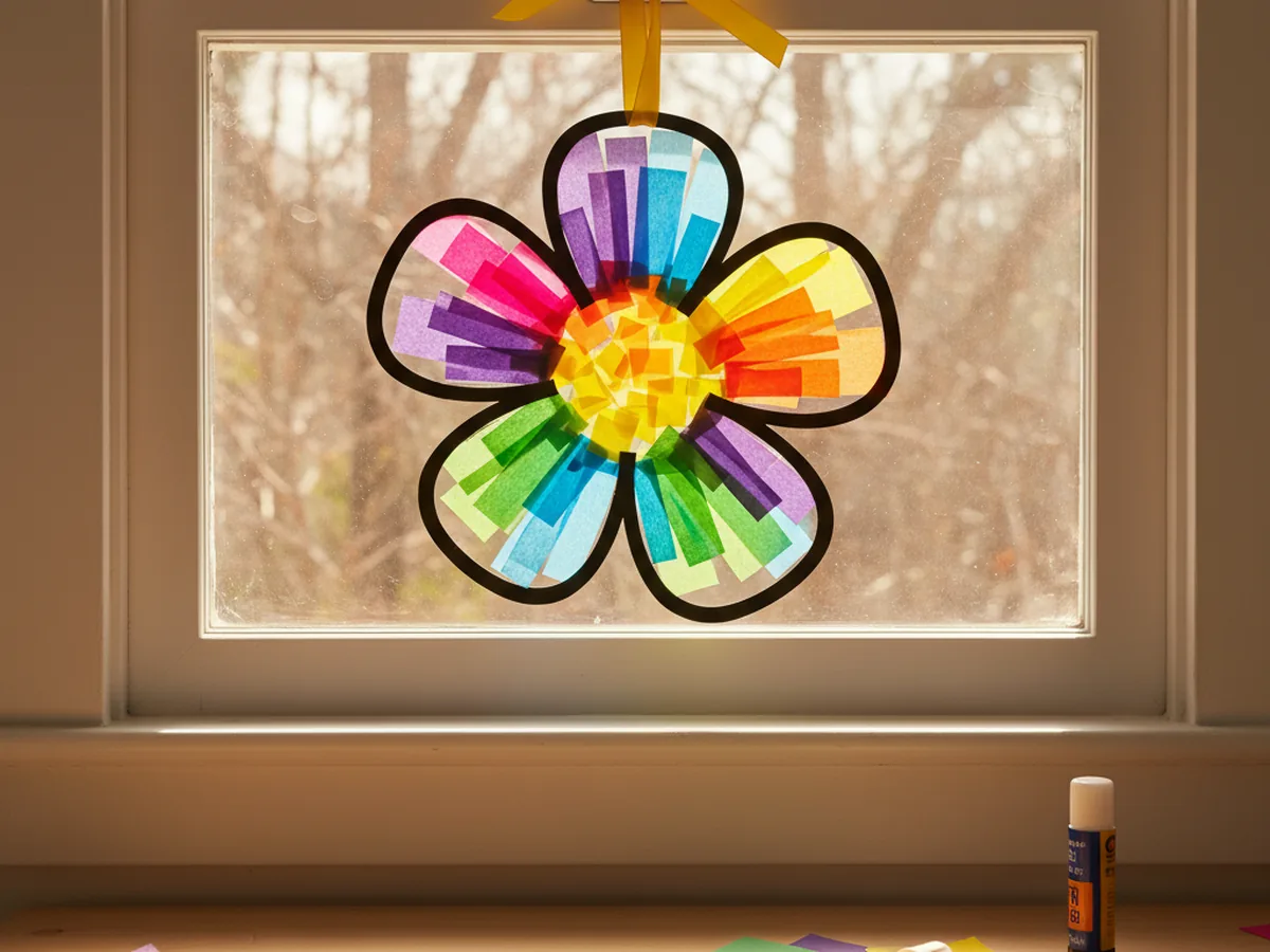 Finished colorful tissue paper suncatcher hanging in a bright sunny window with light glowing through the layers