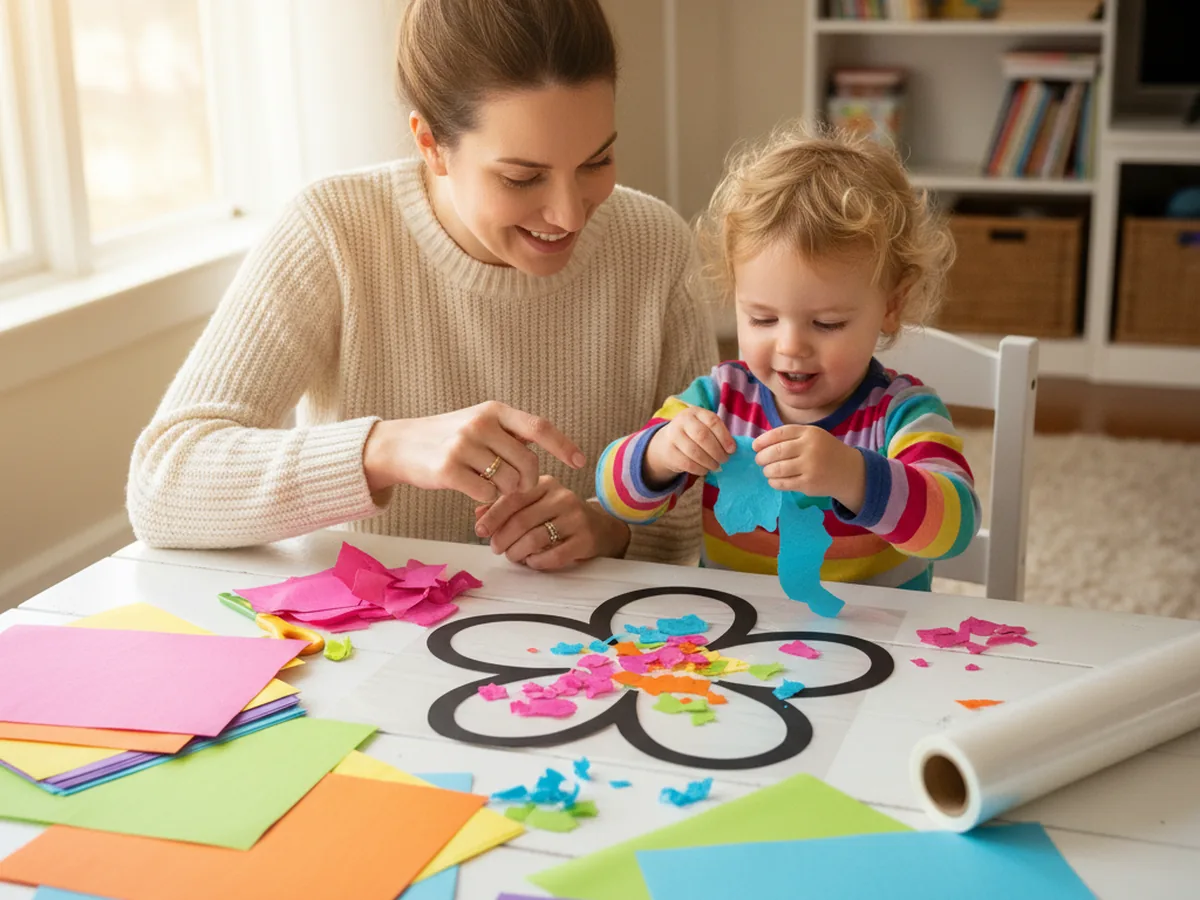 A mom and young child sitting together at a craft table, happily tearing colorful tissue paper for their suncatcher craft