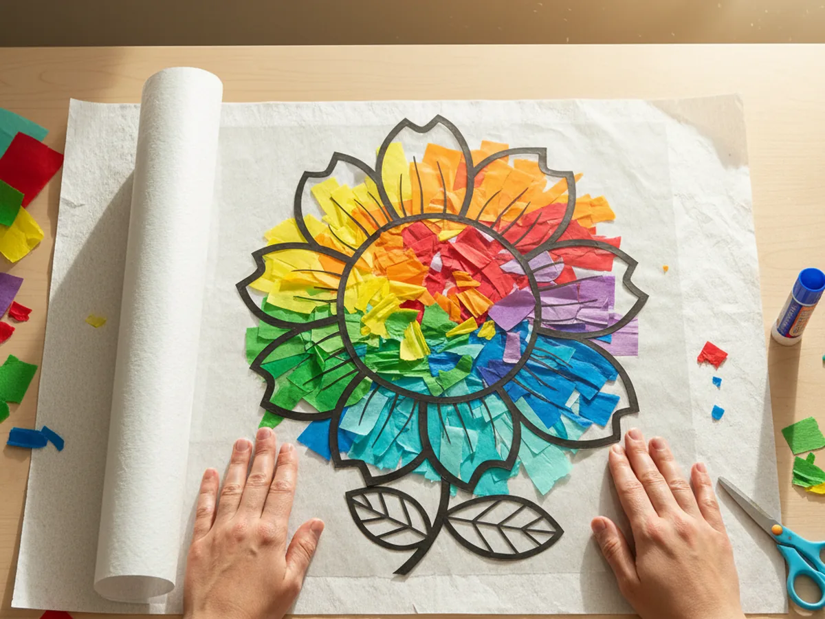 Hands smoothing the second sheet of clear contact paper over the colorful tissue paper suncatcher to seal it
