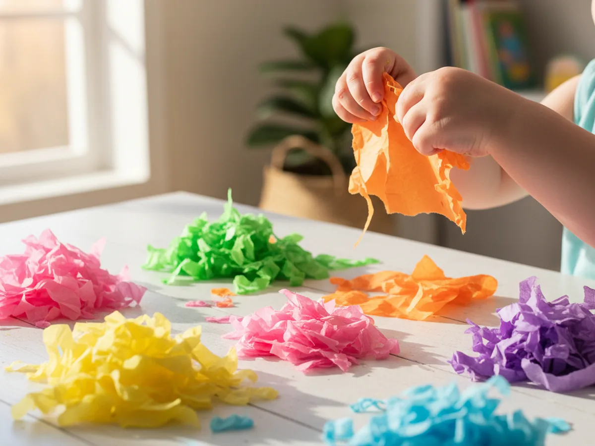 Child's hands tearing colorful tissue paper into small irregular pieces on a white craft table
