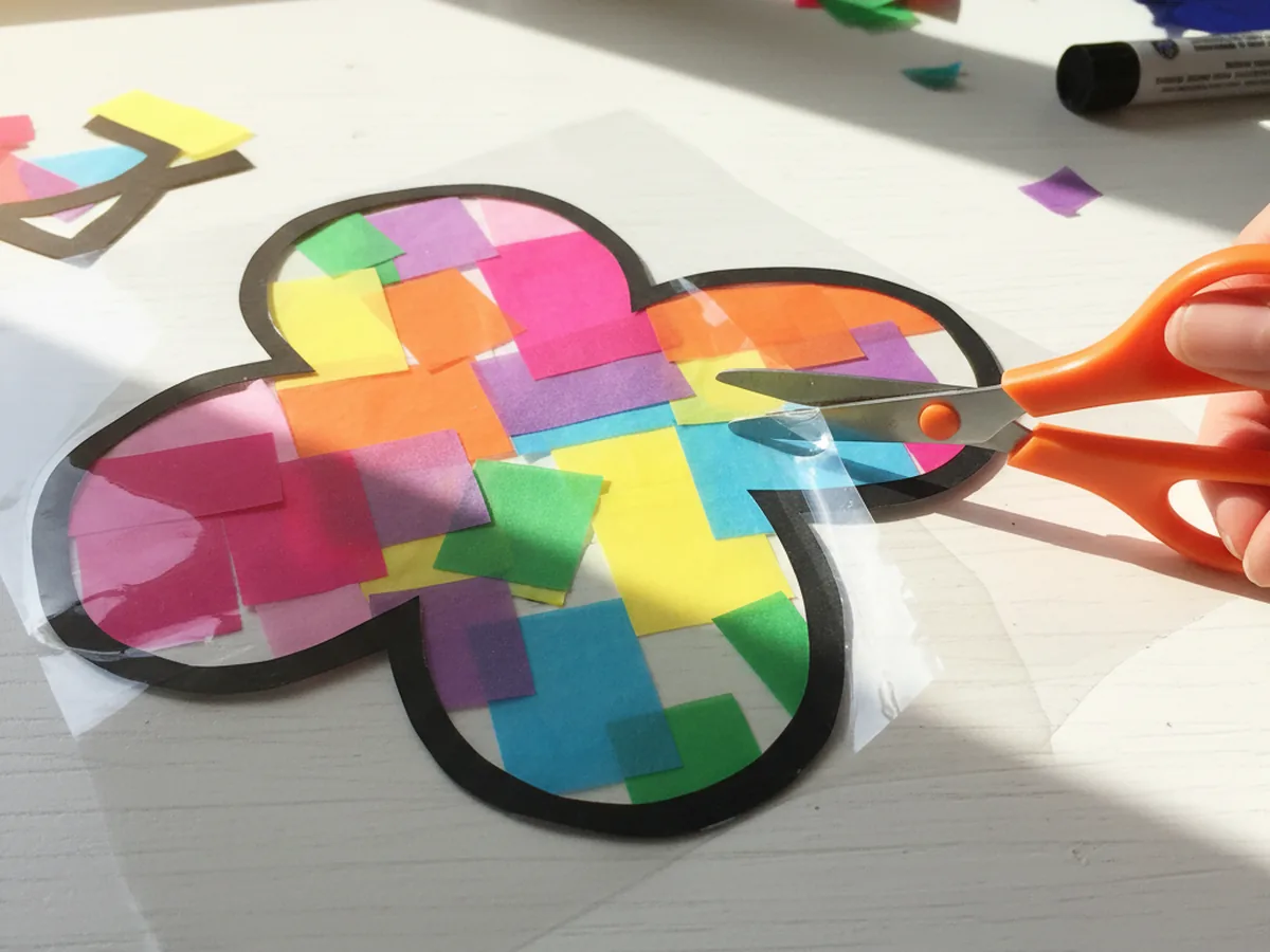 Scissors trimming the excess contact paper around the outside edge of the completed suncatcher frame