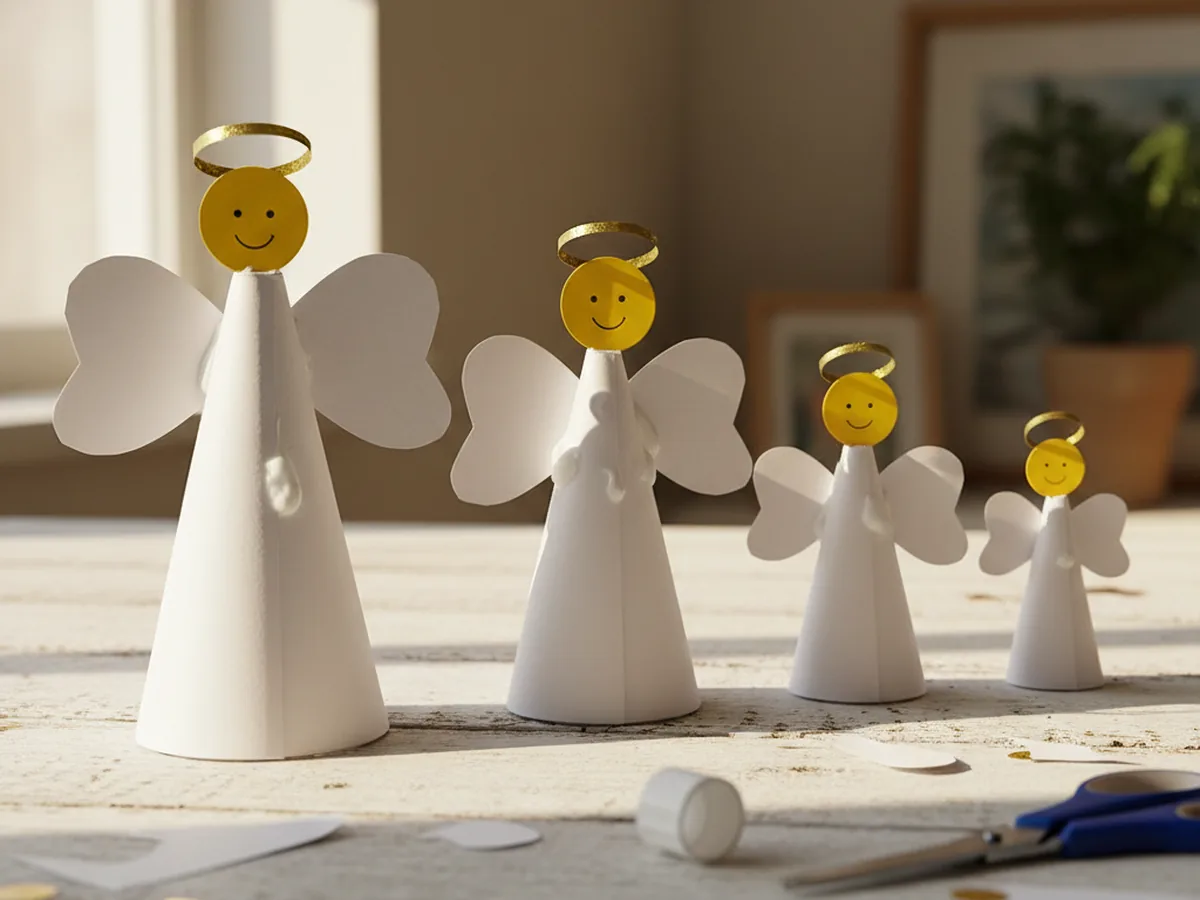 Handmade accordion-fold paper angel with fan-shaped body and wings, circle head with drawn face, and small gold paper halo