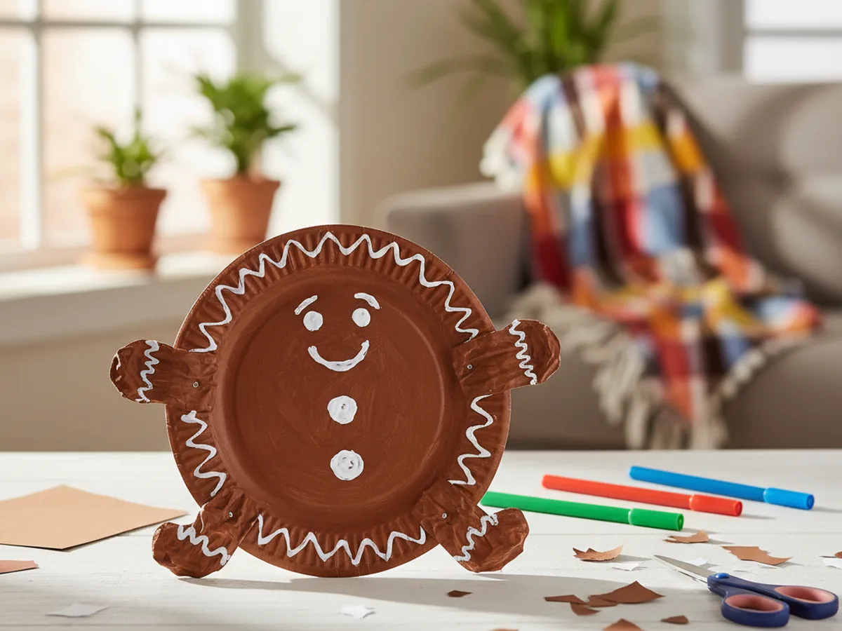 Handmade paper gingerbread house card made from brown construction paper folded in half with paper candy cutouts and drawn-on icing decoration