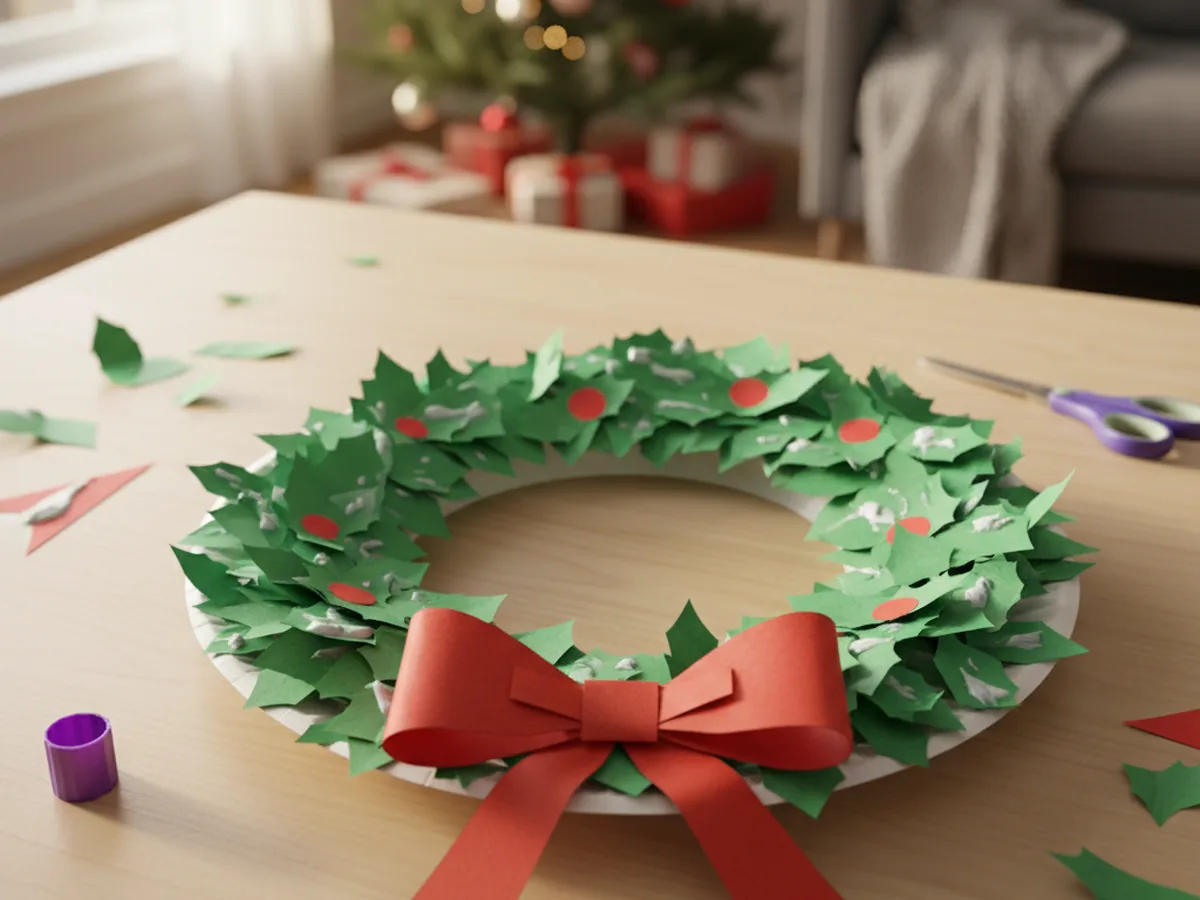 Handmade handprint paper wreath with green construction paper handprints arranged in a circle on a paper plate ring with a red bow