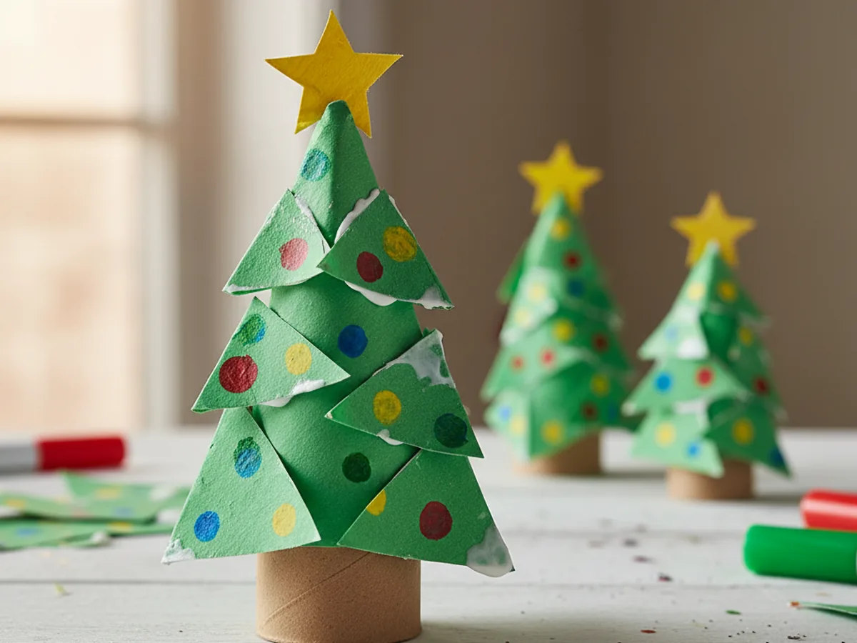 Handmade paper roll Christmas tree craft decorated with colorful paper circle ornaments on a craft table