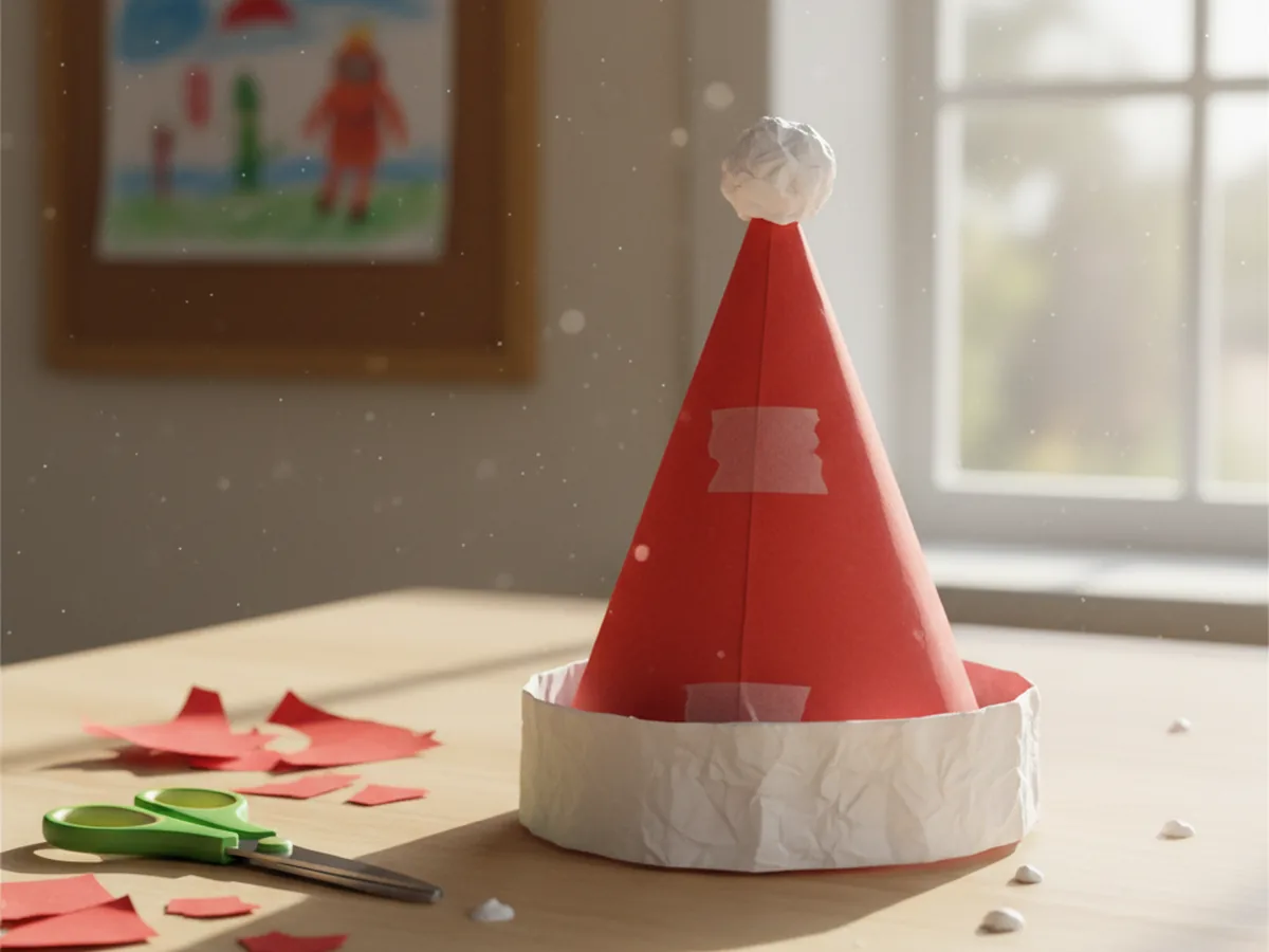 Handmade Santa paper bag puppet with red construction paper hat, cotton ball beard, and googly eyes on a craft table