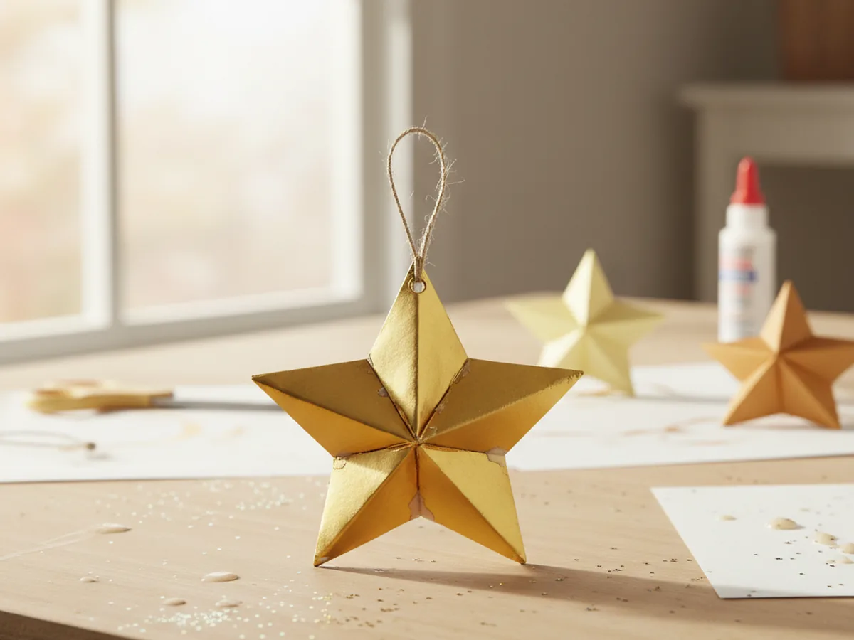 Handmade paper snowflake ornament made from folded and cut white paper revealing an intricate symmetrical snowflake pattern