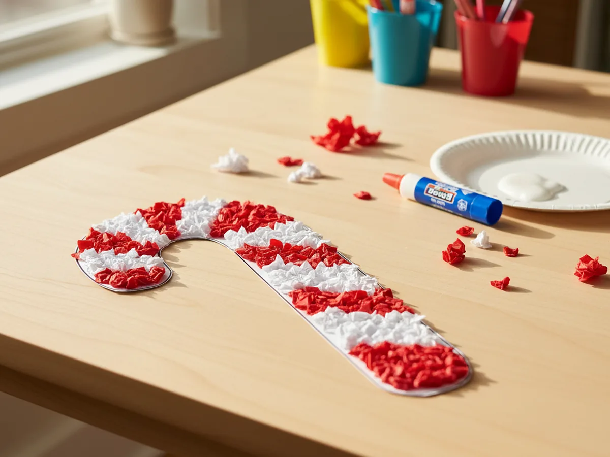 Handmade construction paper candy cane with red and white twisted strips forming a classic candy cane shape on a craft table