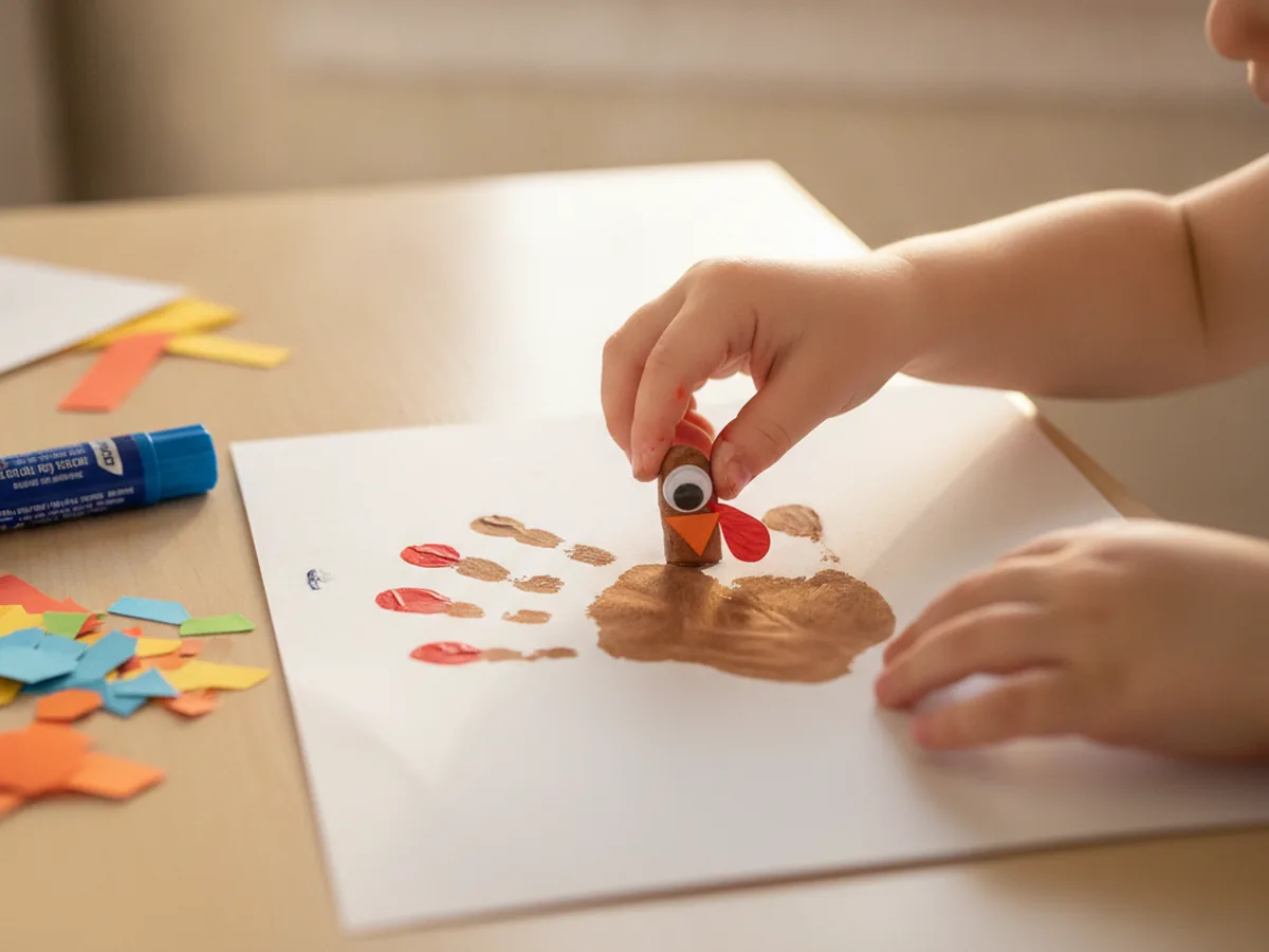 A child gluing a googly eye, orange paper beak, and red paper waddle onto the brown thumb head of a turkey handprint craft