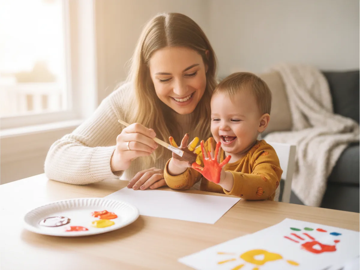 A mom and young child at a craft table painting the child's palm with brown and orange washable paint to make a turkey handprint craft