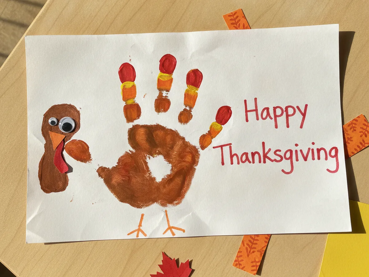 Finished turkey handprint craft with a brown palm body, red, orange, and yellow finger feathers, a googly eye, paper beak, and red waddle on a light wood table