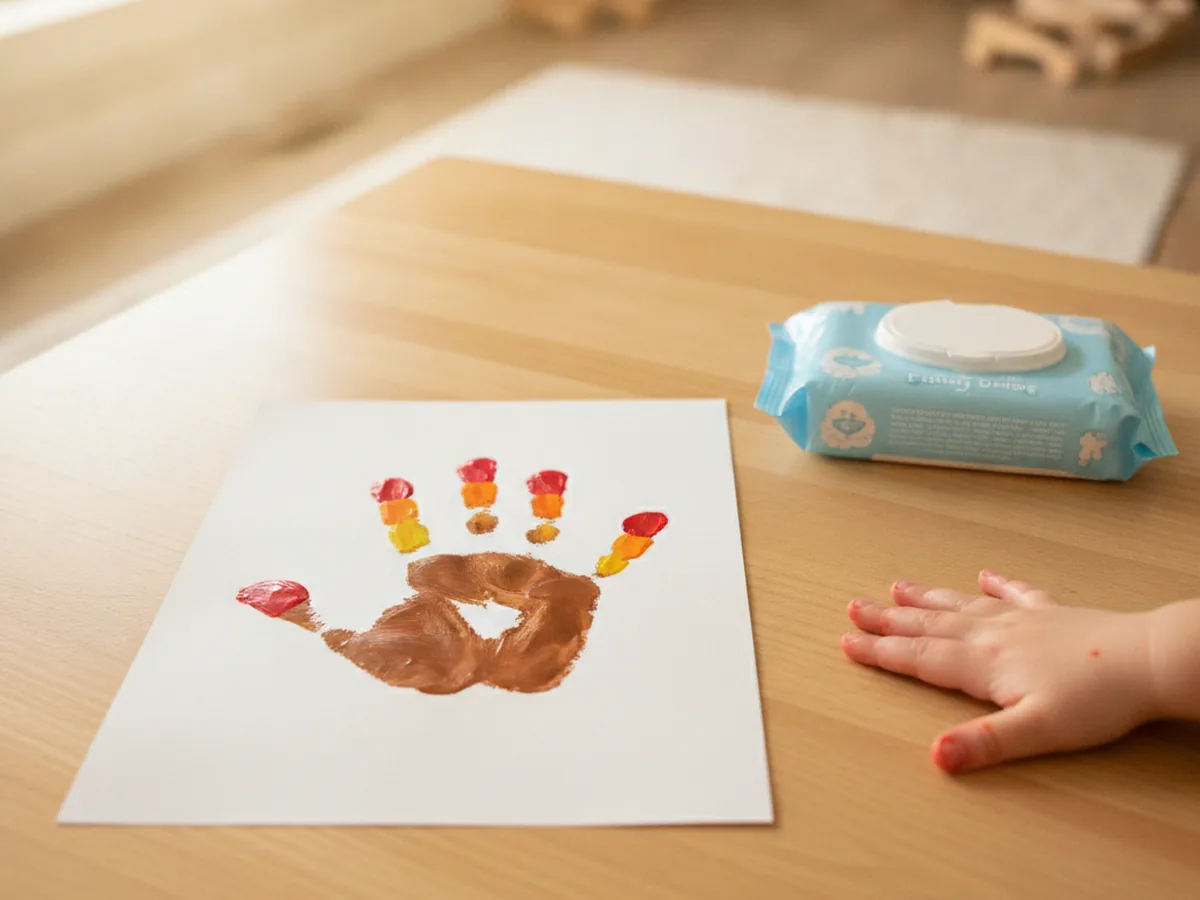 A drying turkey handprint on cardstock next to baby wipes and a clean child's hand on a light wood craft table