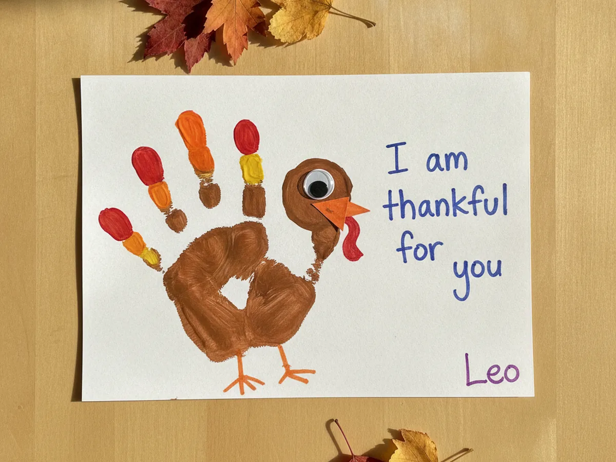 Finished turkey handprint craft with drawn orange legs, a happy Thanksgiving message, and a child's signature on cardstock