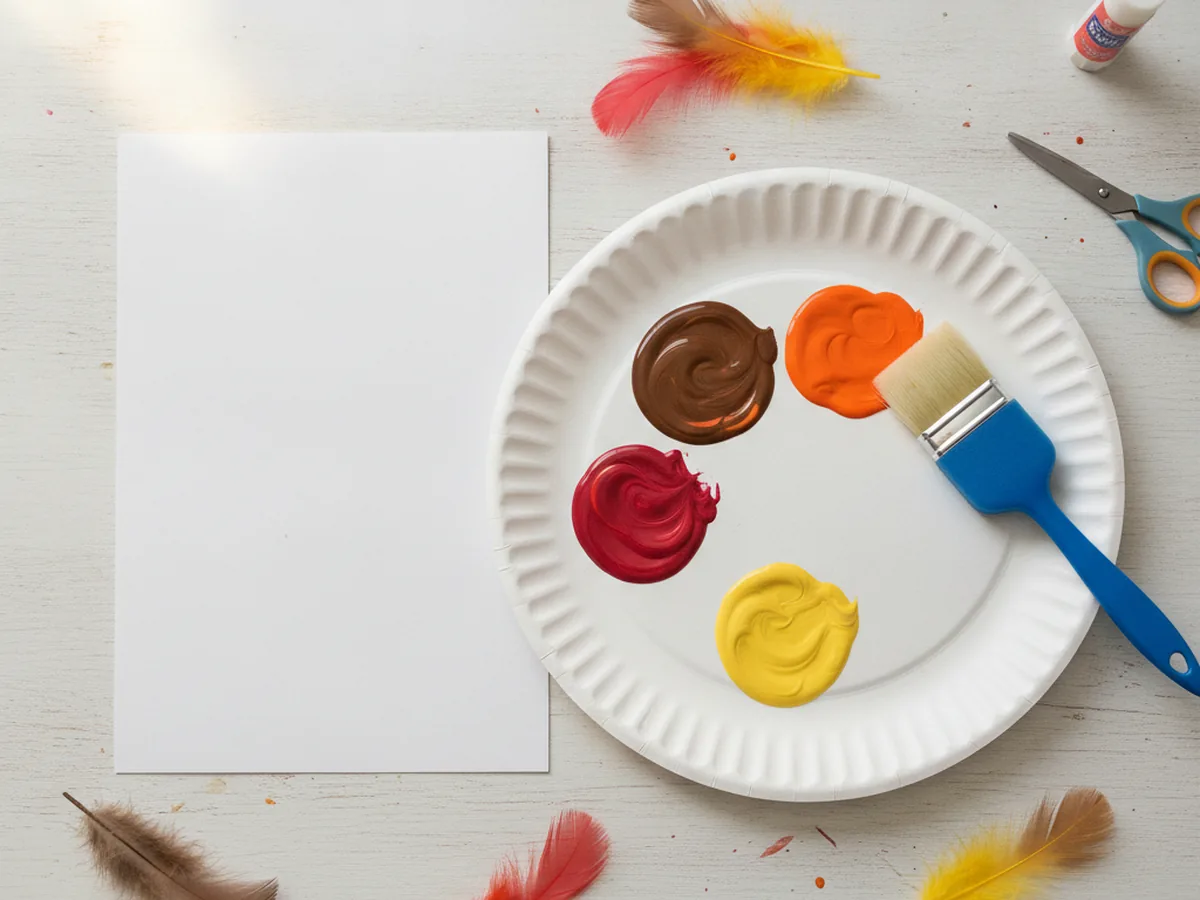 A plate with puddles of brown, red, orange, and yellow washable paint next to a blank sheet of cardstock and a foam brush on a craft table