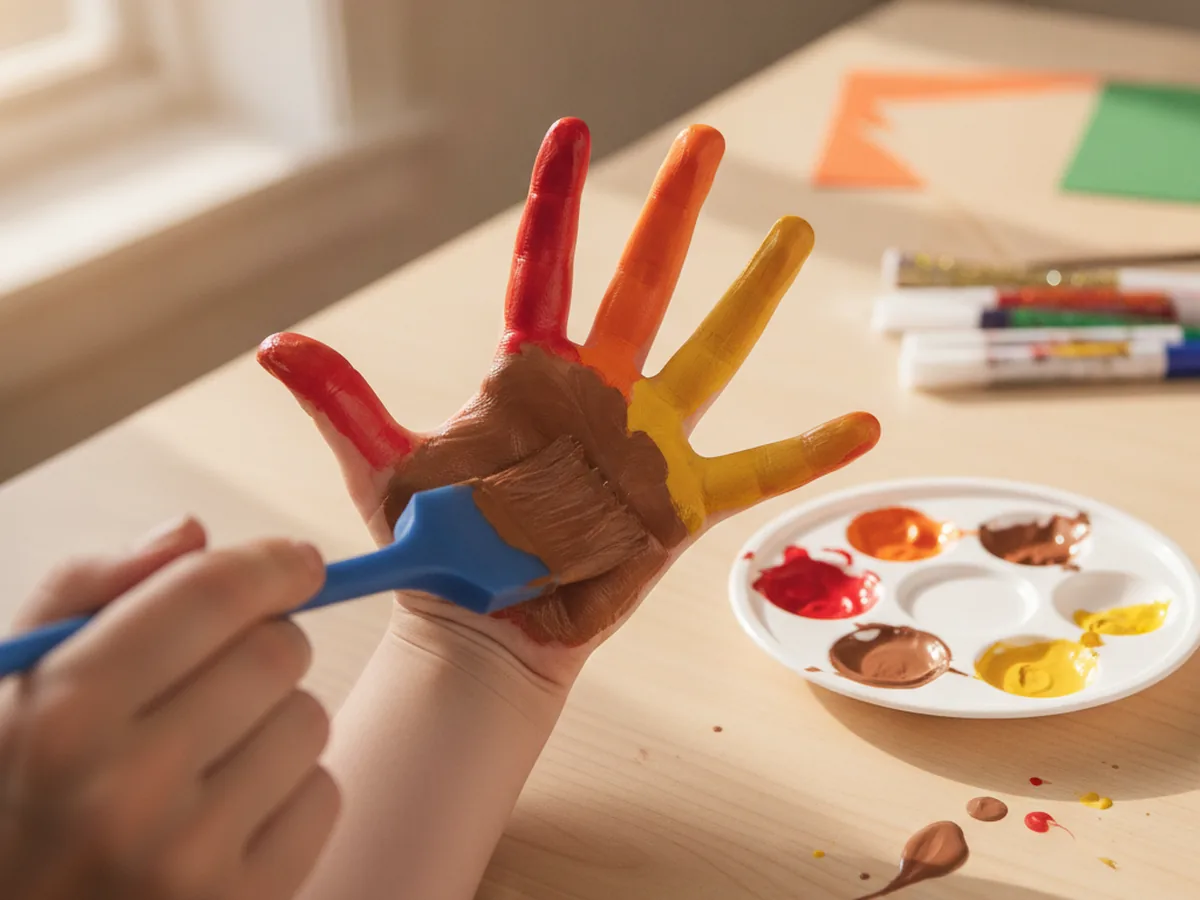 A foam brush painting a child's four fingers in red, orange, and yellow with a brown palm and thumb for a turkey handprint craft