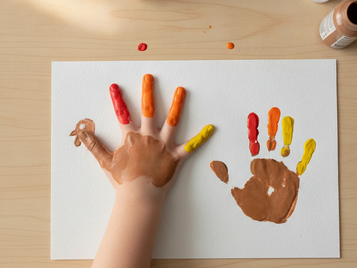 A child's painted hand pressing onto cardstock leaving a turkey print with a brown palm body, brown thumb head, and colorful finger feathers