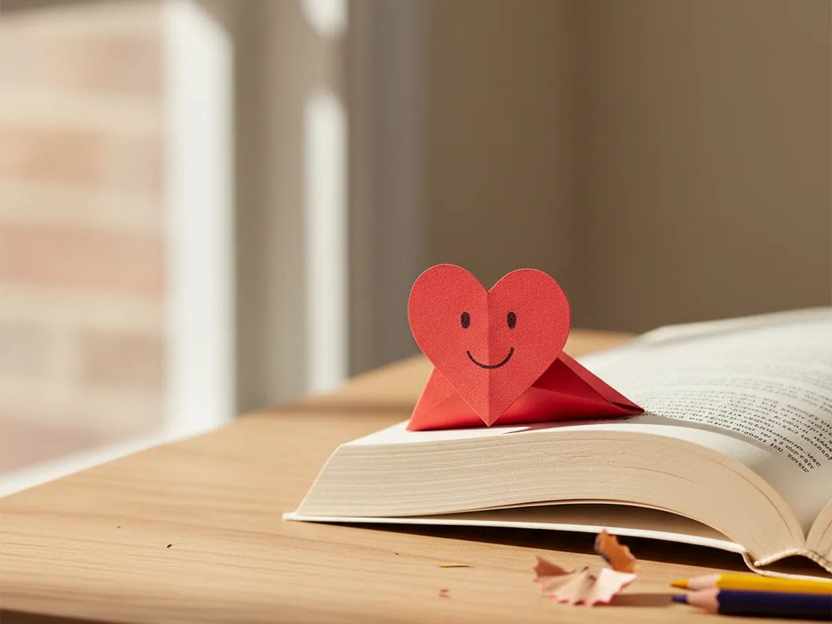 A red paper heart corner bookmark clipped onto the corner of an open book page