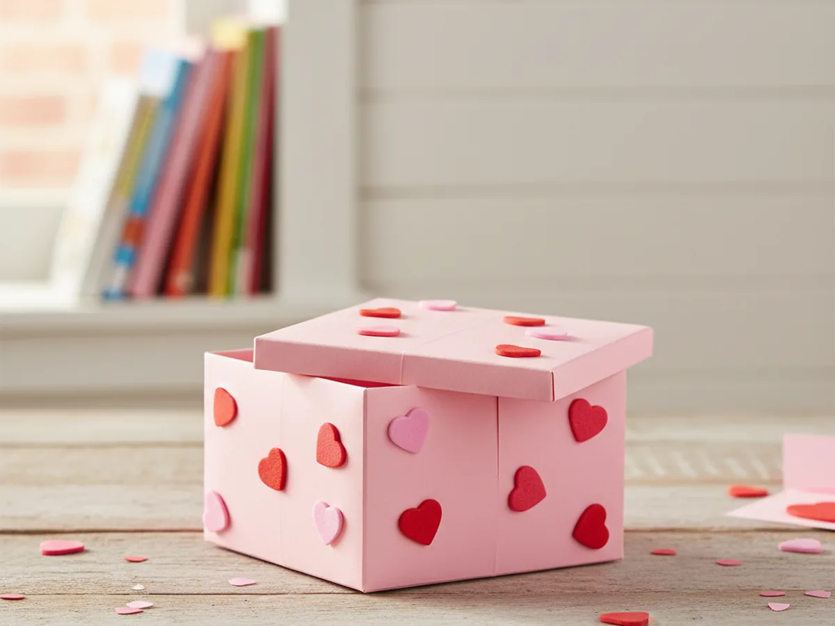 A small origami-style paper gift box made from pink cardstock decorated with heart stickers sitting on a craft table