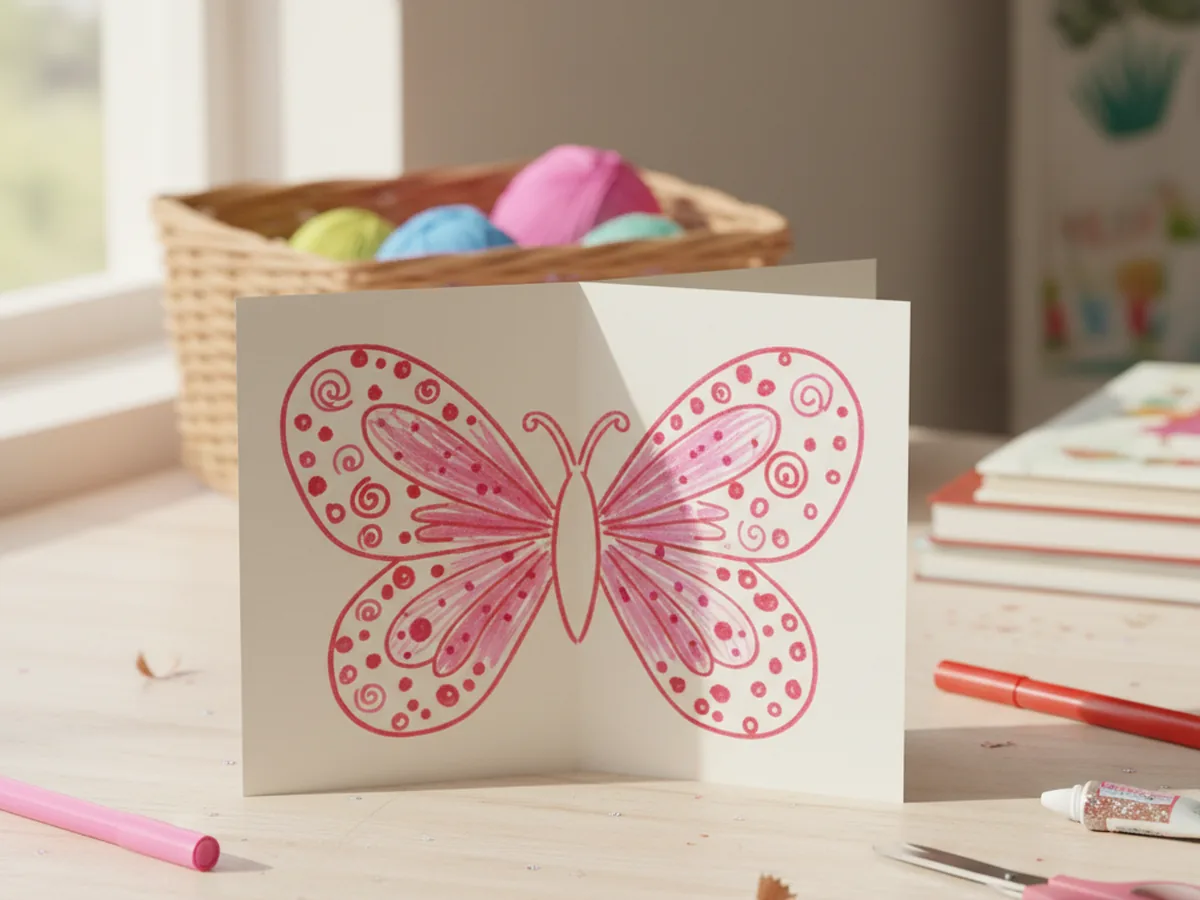 A paper butterfly card made from two heart-shaped wings cut from folded white cardstock, decorated with pink and red markers