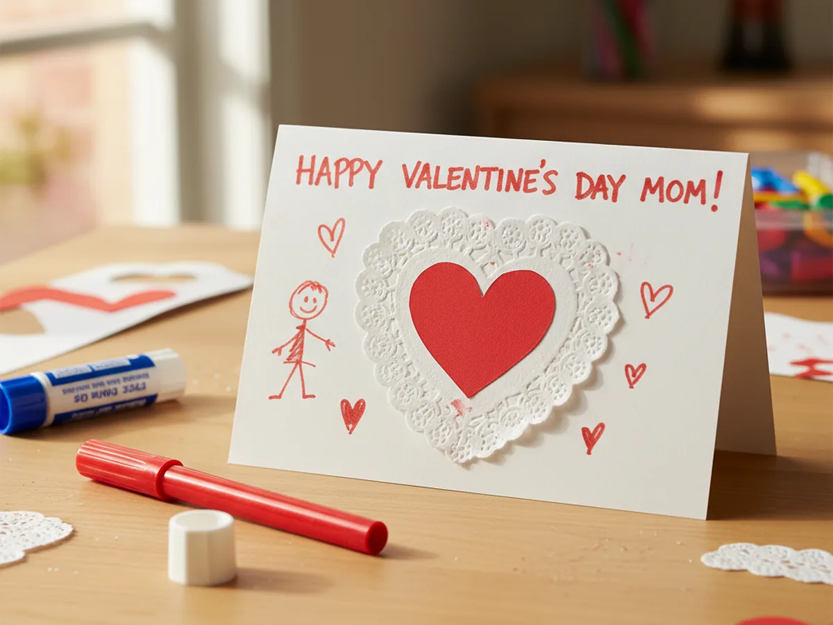 A handmade Valentine's Day card with a white lace heart doily and red paper heart on the front