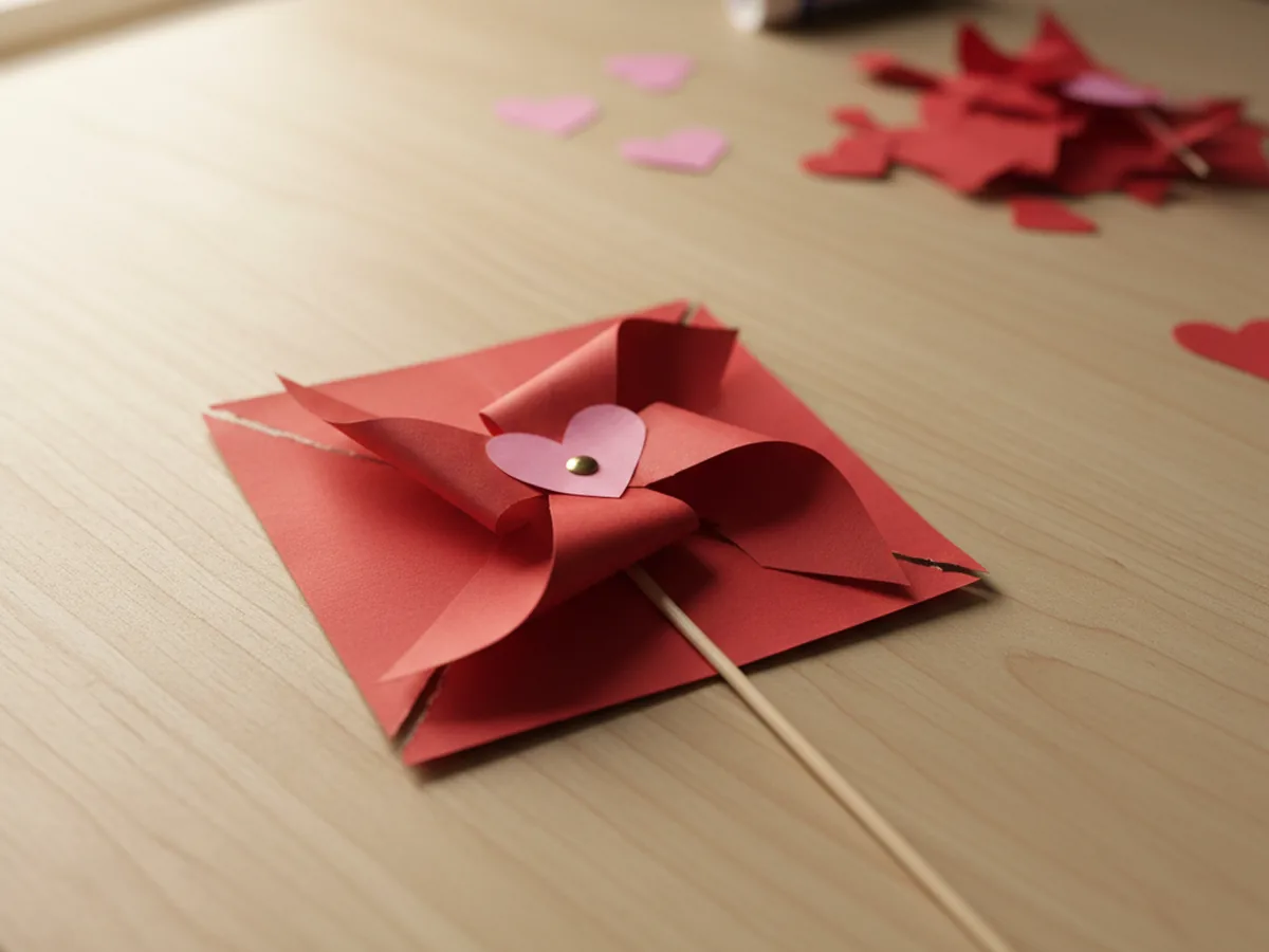 A handmade paper pinwheel in red and pink with a small heart in the center attached to a craft stick
