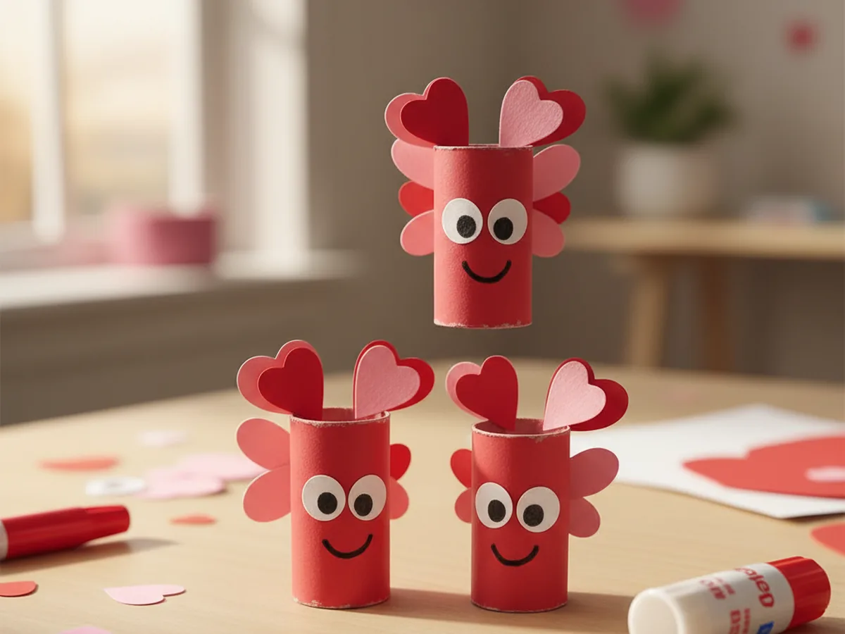 Cute red paper love bug finger puppets with heart-shaped wings and googly eyes on a craft table