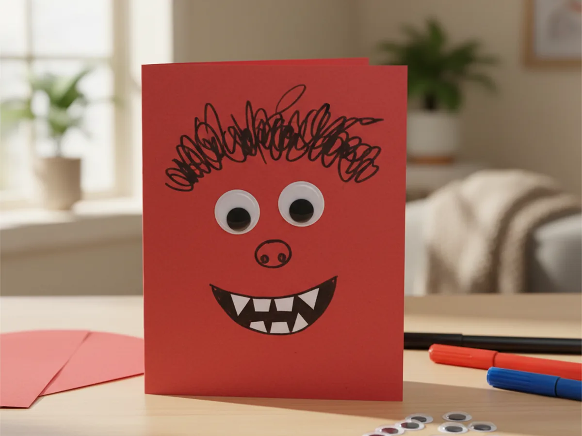 A funny love monster card made from a folded red heart shape with a silly googly-eyed monster face drawn on the front