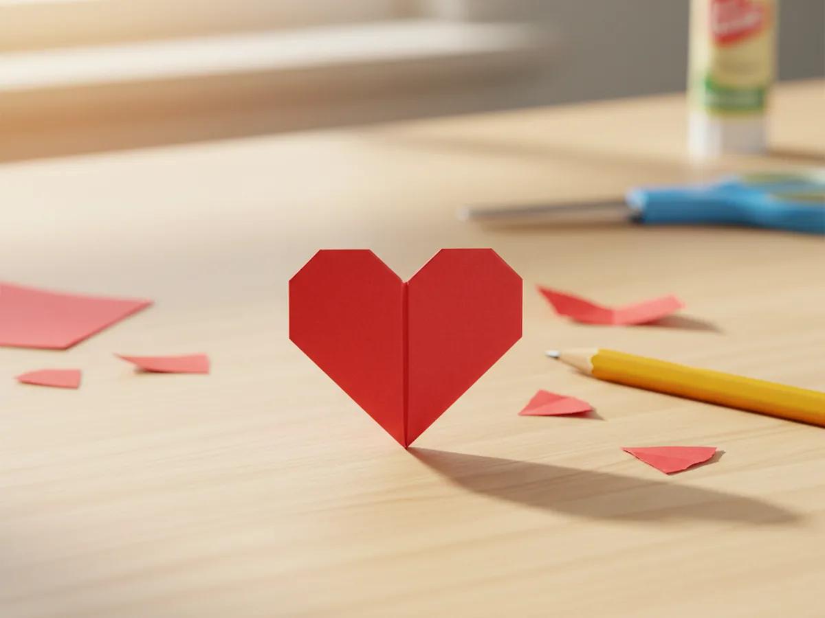 A small origami heart folded from red paper sitting on a light wood craft table