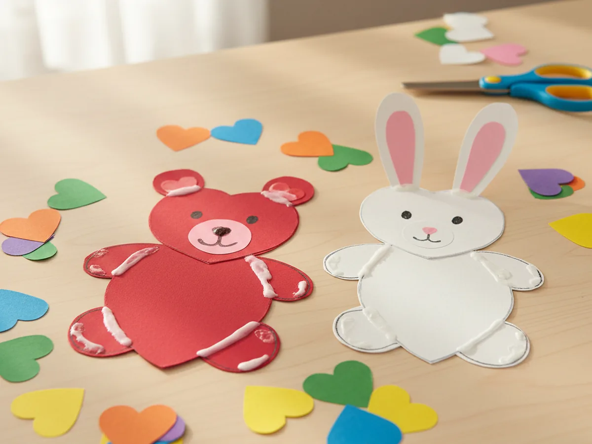 Cute paper animals including a bear and a bunny made entirely from heart shapes in red pink and white construction paper
