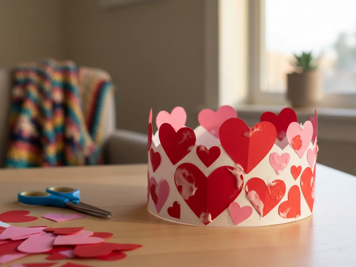 A child's paper crown decorated with red and pink paper hearts sitting on a craft table