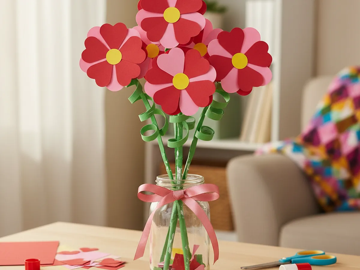 A small bouquet of paper flowers with heart-shaped petals in red and pink attached to green paper stems