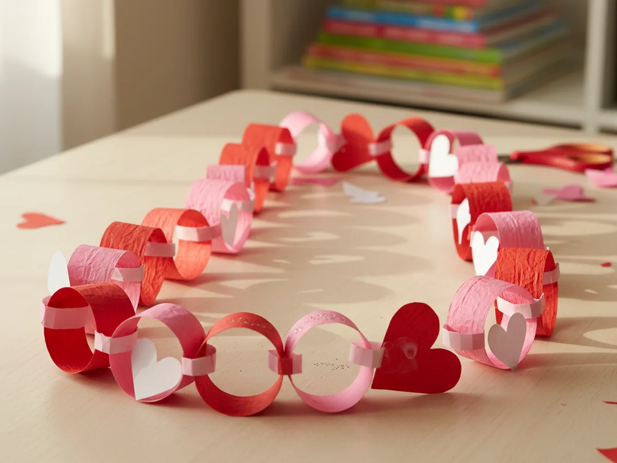 Handmade paper heart garland made from red and pink construction paper loops and white paper hearts