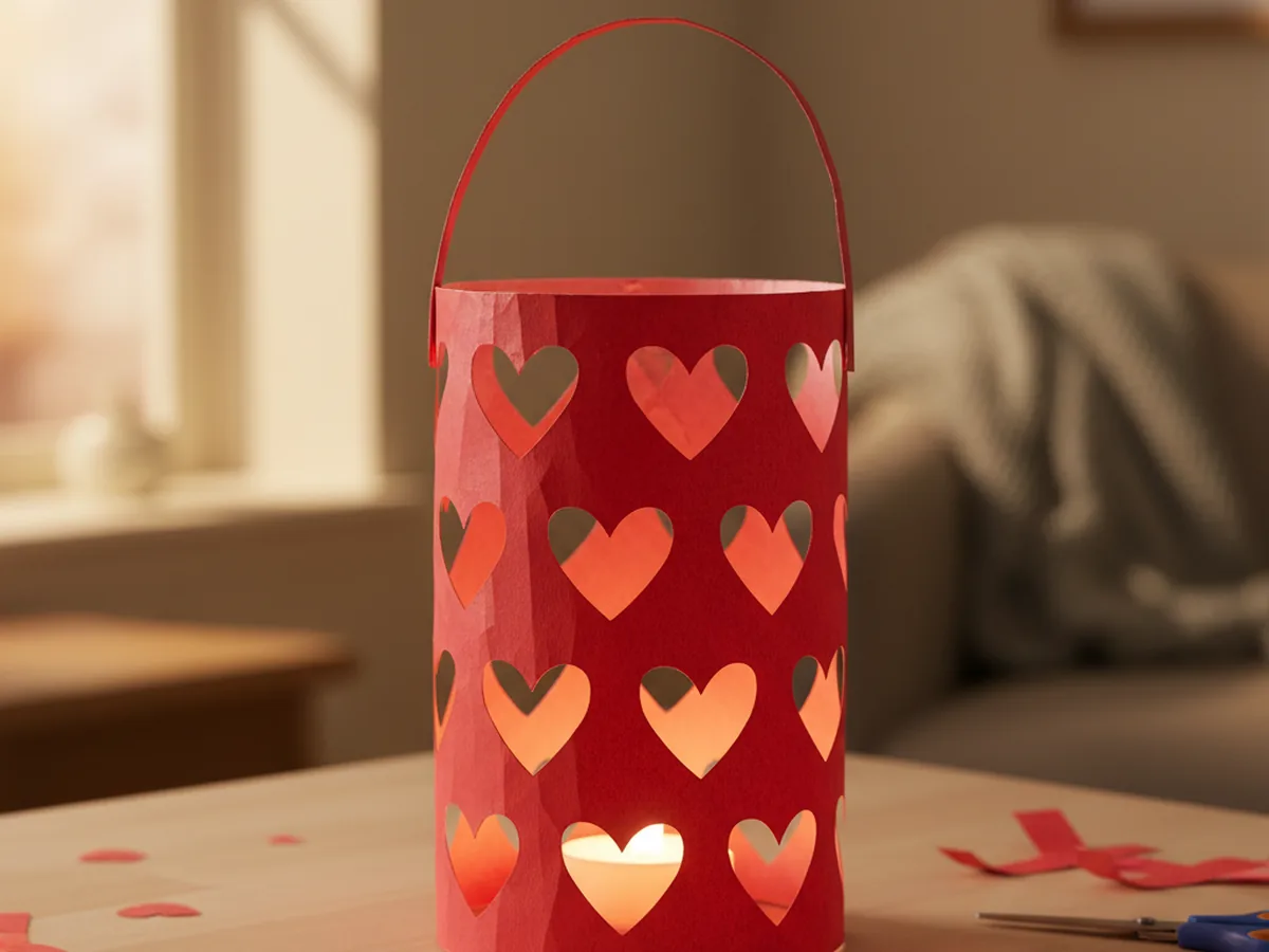 A glowing paper heart lantern made from red construction paper with slits bowed outward and a battery tea light inside