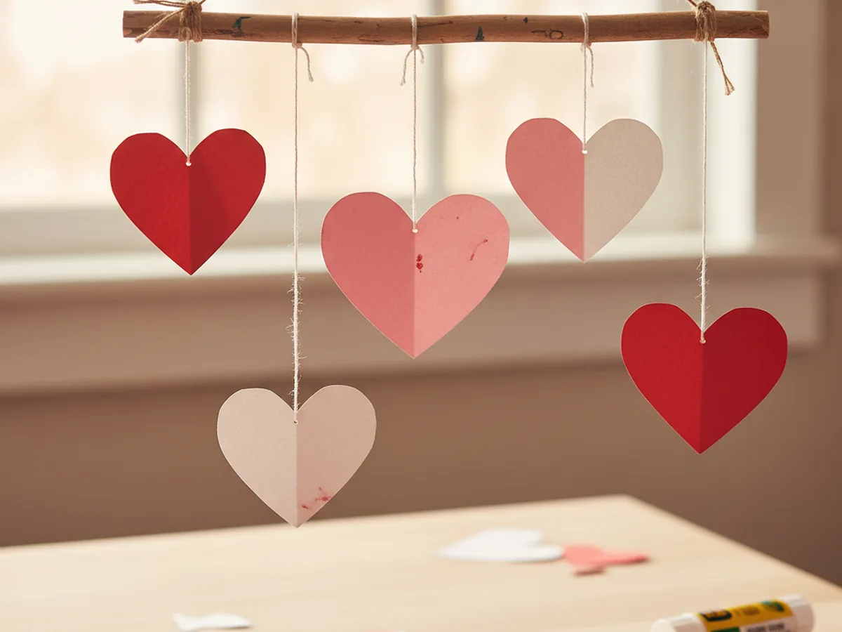A handmade paper heart mobile with red pink and white hearts hanging from strings on a small wooden stick