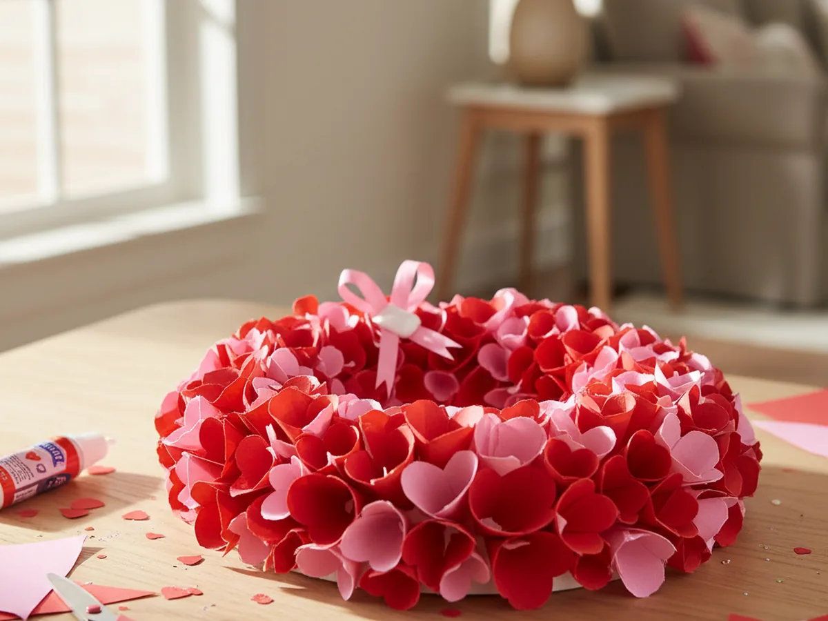 A handmade Valentine's Day wreath made from overlapping red and pink paper hearts on a cardstock ring