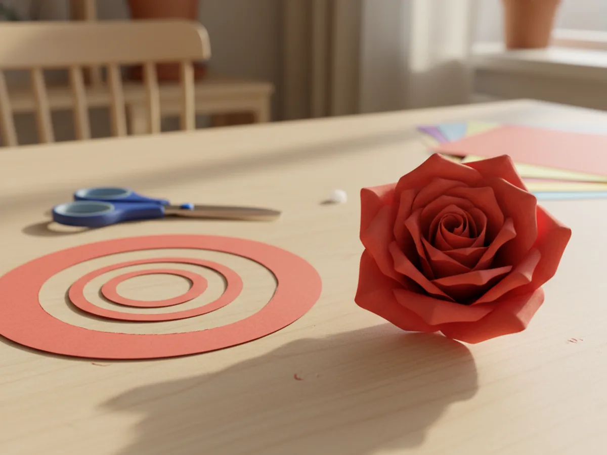 A handmade spiral paper rose made from red construction paper sitting on a white craft table