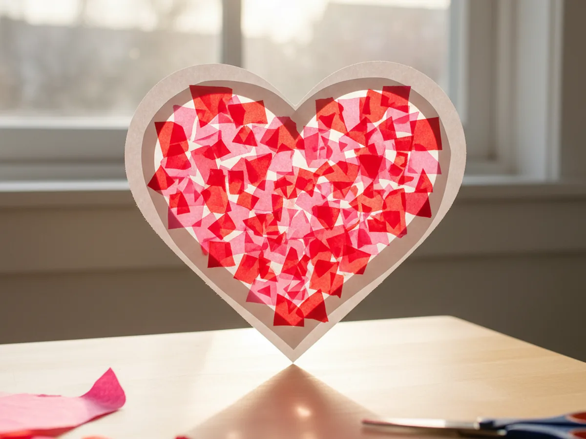 A tissue paper heart suncatcher made from red and pink tissue paper squares inside a white cardstock heart frame hanging in a window
