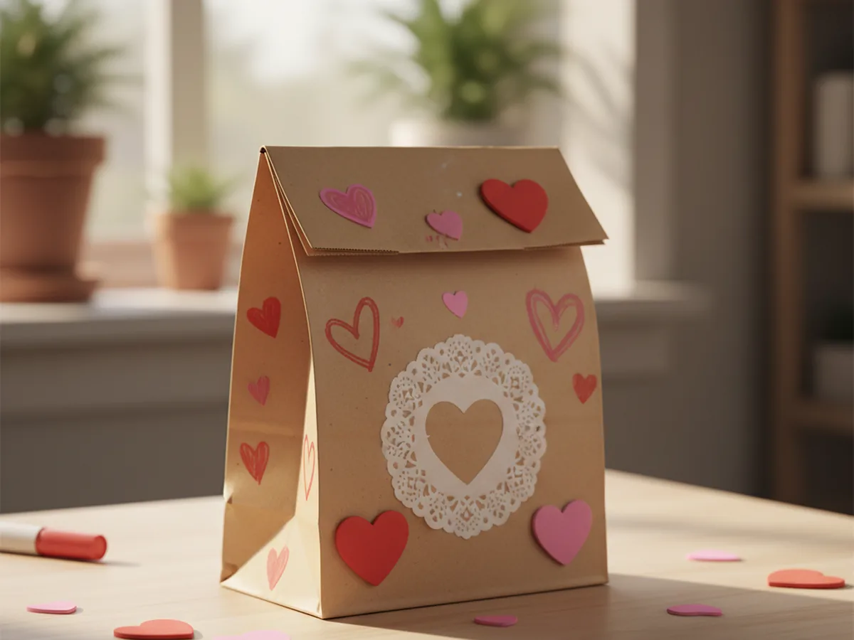 A decorated Valentine's Day paper bag mailbox covered with heart stickers and marker drawings on a craft table