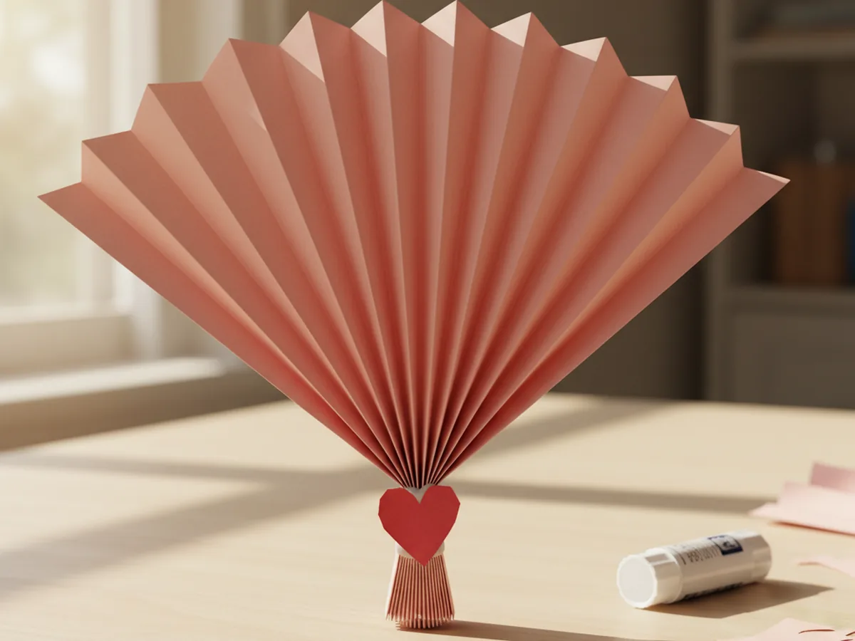 A handmade paper fan accordion-folded from pink construction paper with a red heart glued at the base