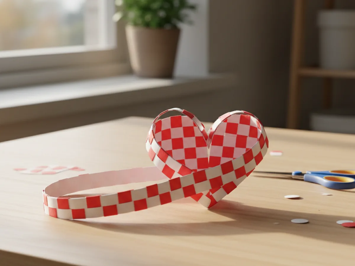 A woven paper heart basket made from red and white construction paper strips in the classic Scandinavian style