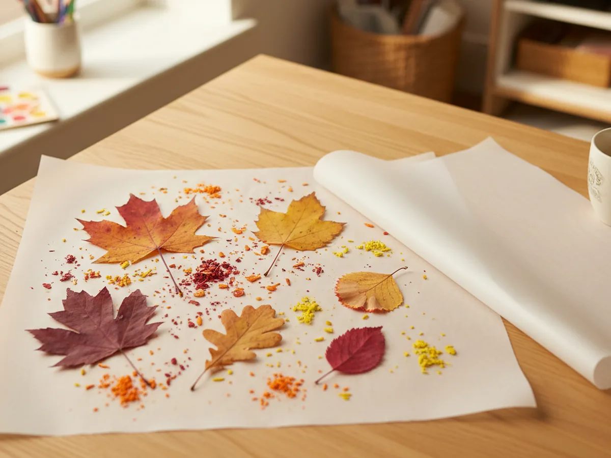 Fall leaves and colorful crayon shavings arranged on a flat sheet of wax paper on a craft table before ironing