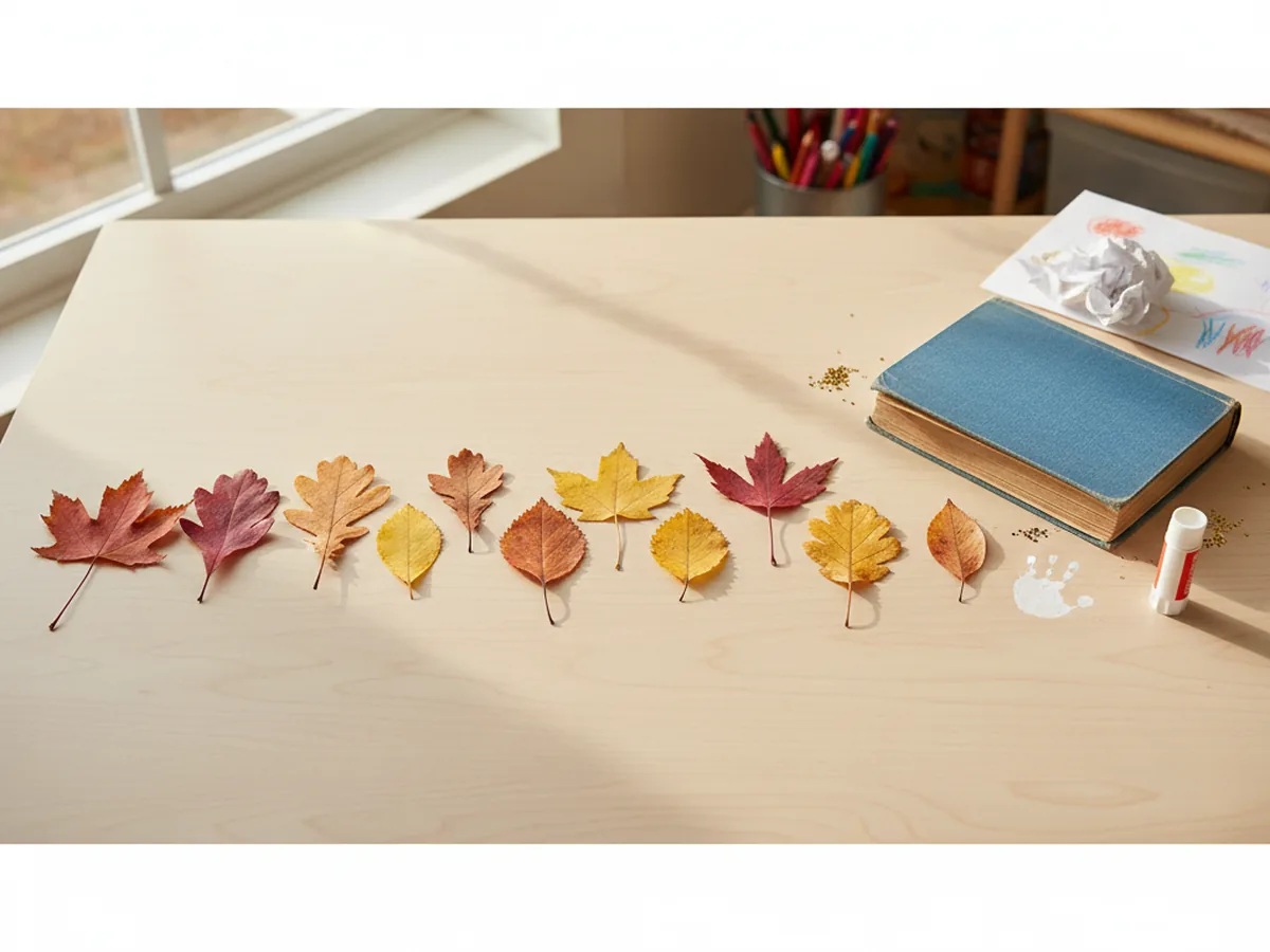 A small collection of colorful fall leaves in red, orange, and yellow laid out on a white craft table ready for the wax paper leaf craft