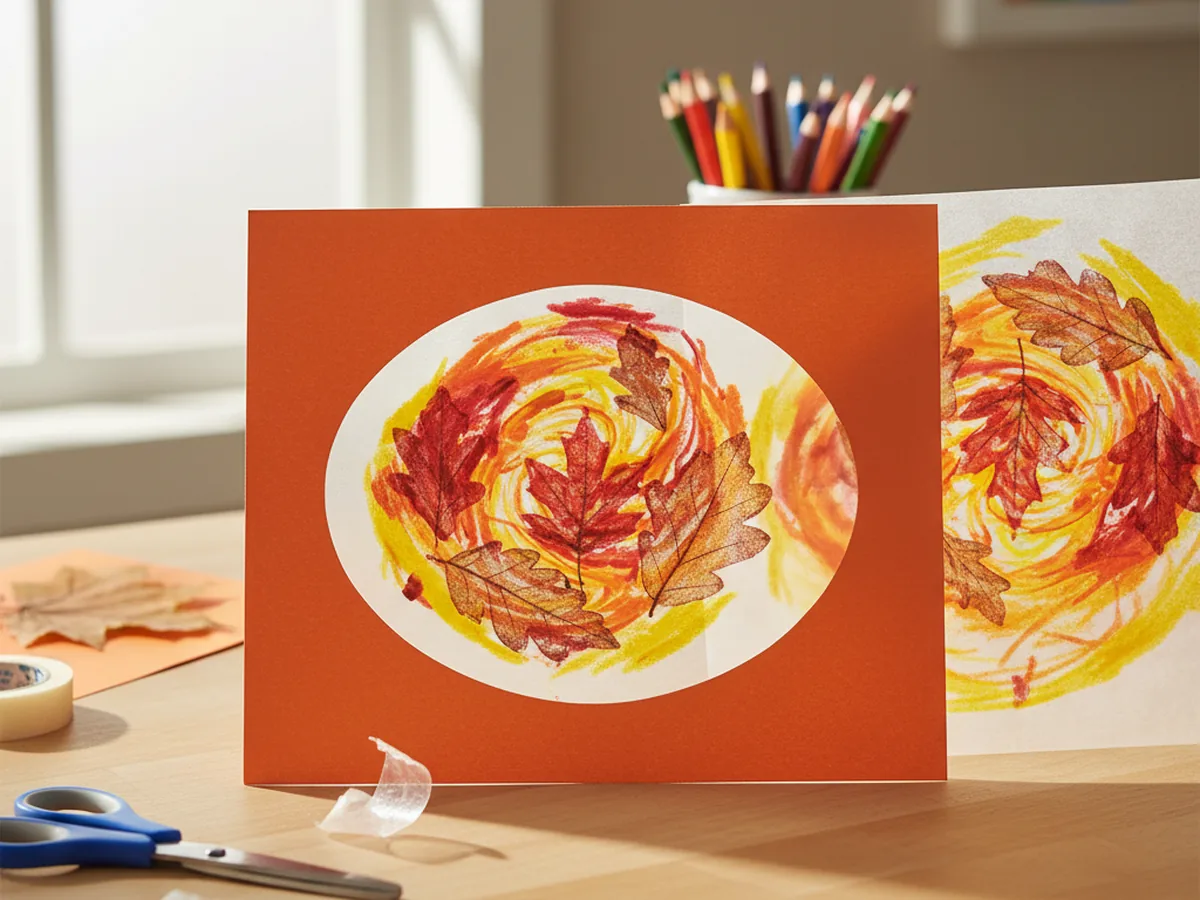 An orange construction paper frame with the center cut out, with a glowing wax paper leaf panel being slid in behind it