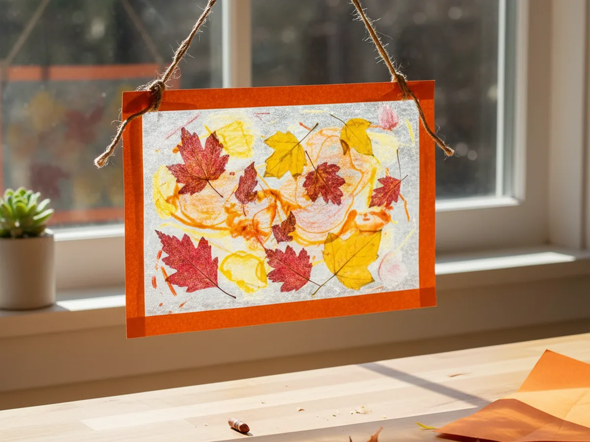 Finished wax paper leaf craft suncatcher hanging in a bright sunny window, glowing with warm orange and red fall colors around preserved leaf shapes