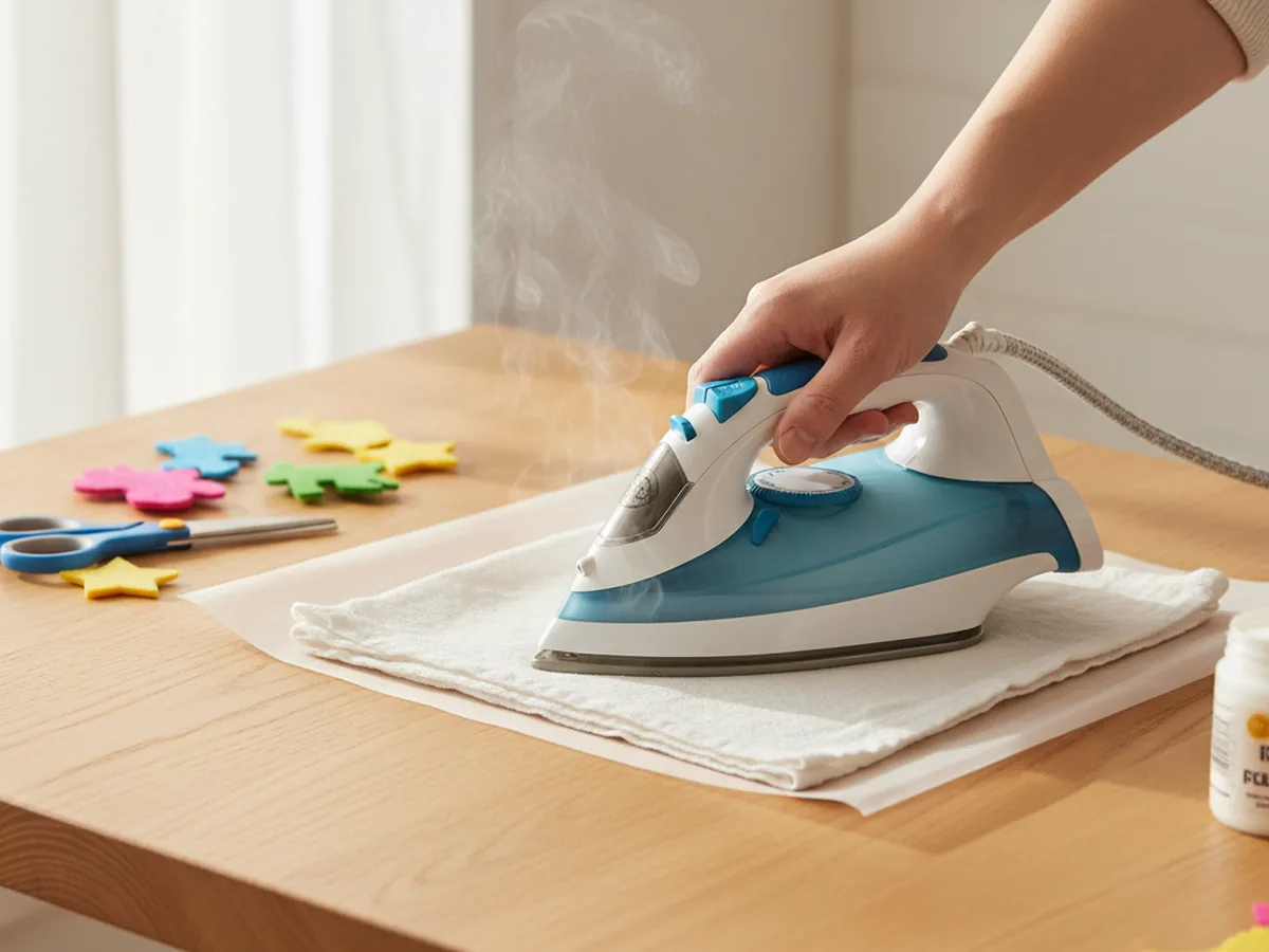 An adult pressing a warm iron over a cloth covering the wax paper leaf sandwich on a craft table
