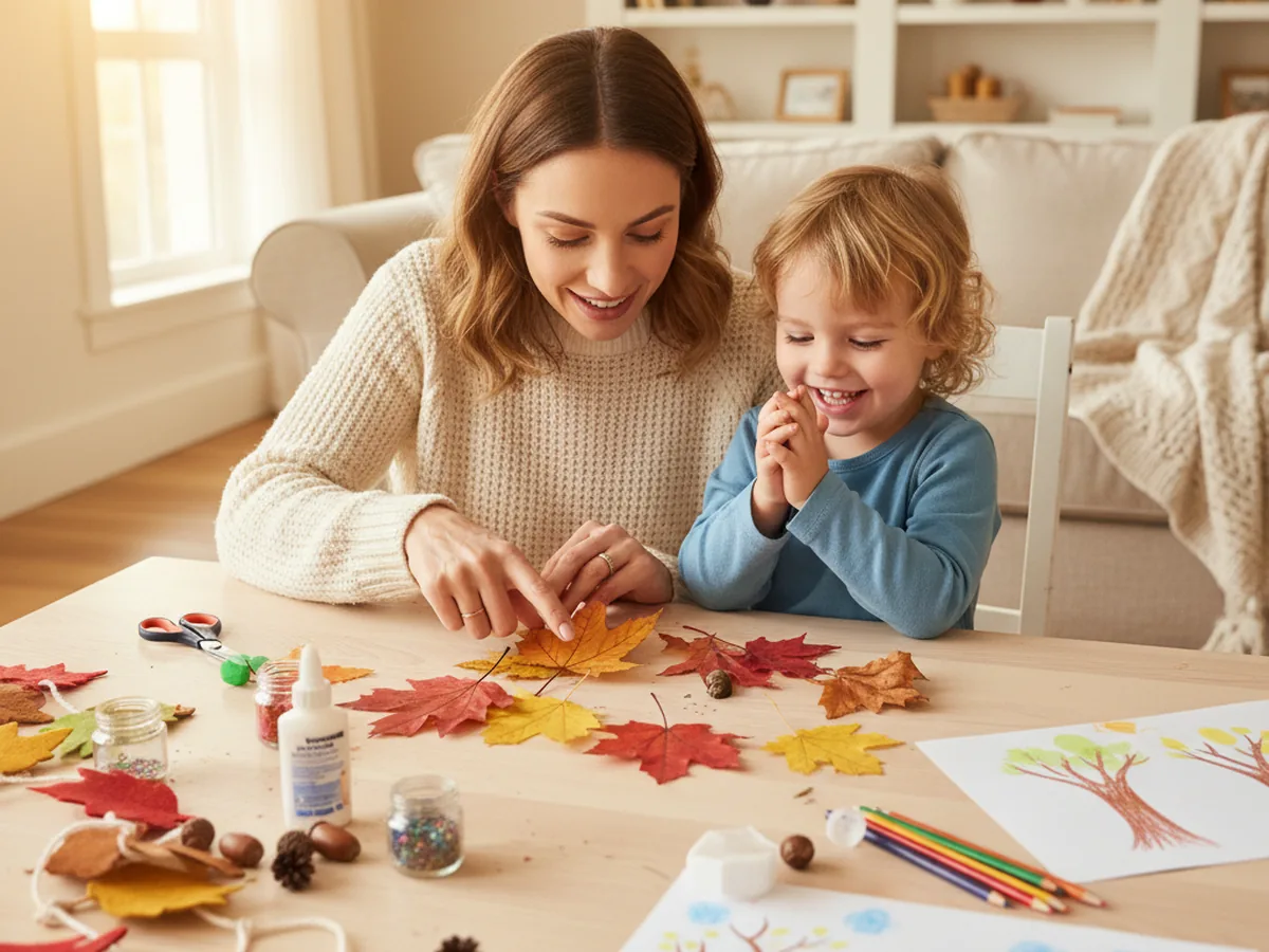 A mom and young child sitting together at a craft table, excitedly looking at colorful fall leaves they collected outside