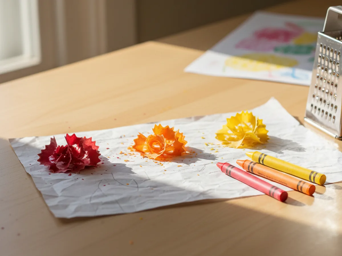 Small piles of colorful crayon shavings in red, orange, and yellow on a craft table next to peeled crayons and a grater
